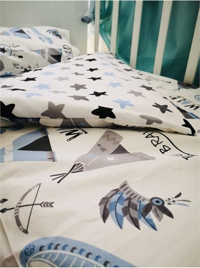 Bebek Özel%100 Pamuklu Çocuk Yatak Seti, 100x150 cm, Mavi Kamp Çadır Desenli, Yorganlı