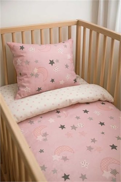 Bebek Özel%100 Pamuklu Kız Bebek Nevresim Takımı 100x150 Pembe Ay Yıldızlı