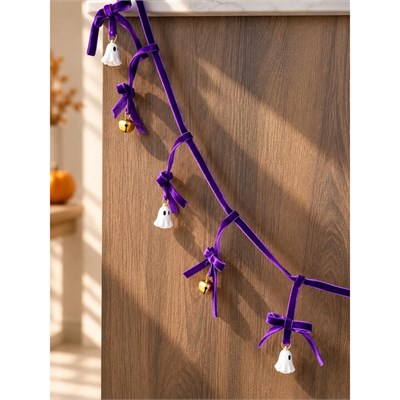Beige & Stone 1 Metre Mor Fiyonklu Halloween Dekoratif Süs Zinciri – Hayalet Ve Çan Figürlü Cadılar Bayramı Asma Süsü