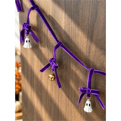 Beige & Stone 1 Metre Mor Fiyonklu Halloween Dekoratif Süs Zinciri – Hayalet Ve Çan Figürlü Cadılar Bayramı Asma Süsü