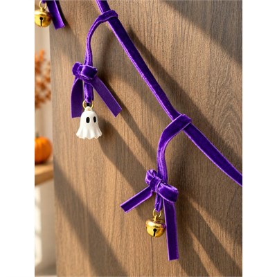 Beige & Stone 1 Metre Mor Fiyonklu Halloween Dekoratif Süs Zinciri – Hayalet Ve Çan Figürlü Cadılar Bayramı Asma Süsü