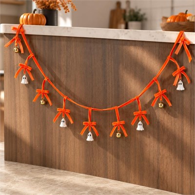 Beige & Stone 1 Metre Turuncu Fiyonklu Halloween Dekoratif Süs Zinciri – Hayalet Ve Çan Figürlü Cadılar Bayramı Asma Süsü