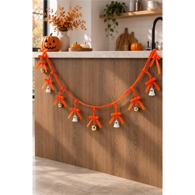 Beige & Stone 1 Metre Turuncu Fiyonklu Halloween Dekoratif Süs Zinciri – Hayalet Ve Çan Figürlü Cadılar Bayramı Asma Süsü