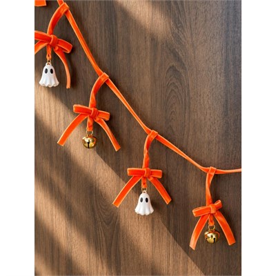 Beige & Stone 1 Metre Turuncu Fiyonklu Halloween Dekoratif Süs Zinciri – Hayalet Ve Çan Figürlü Cadılar Bayramı Asma Süsü