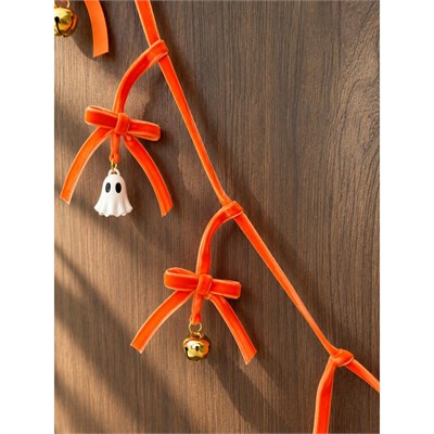 Beige & Stone 1 Metre Turuncu Fiyonklu Halloween Dekoratif Süs Zinciri – Hayalet Ve Çan Figürlü Cadılar Bayramı Asma Süsü
