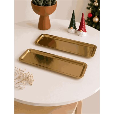 Beige & Stone 2li Gold Renk Paslanmaz Çelik Dikdörtgen Sunum Ve Servis Tabağı Seti 33x13 Cm Kahvaltılık Pasta Meze İkram Tabağı