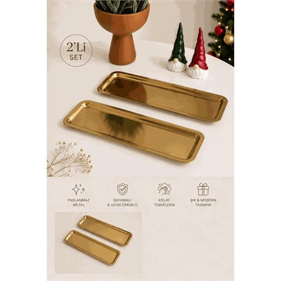 Beige & Stone 2li Gold Renk Paslanmaz Çelik Dikdörtgen Sunum Ve Servis Tabağı Seti 33x13 Cm Kahvaltılık Pasta Meze İkram Tabağı
