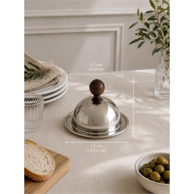 Beige & Stone Ahşap Kulplu Paslanmaz Çelik Fanuslu Sunum Tabağı 15 Cm – 13 Cm Kapaklı Kahvaltılık Peynir Tereyağı İkram Tabağı