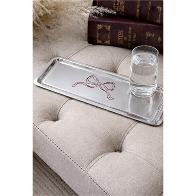 Beige & Stone Fiyonk Desenli Dikdörtgen Paslanmaz Çelik Kahve Çay Söz Nişan Sunum Ve Dekoratif Tepsi