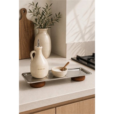 Beige & Stone Gümüş Paslanmaz Çelik Çift Ahşap Ayaklı Dikdörtgen Sunum Ve Servis Tabağı 33x13 Cm