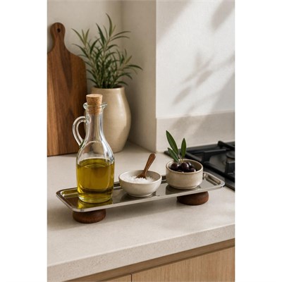 Beige & Stone Gümüş Paslanmaz Çelik Çift Ahşap Ayaklı Dikdörtgen Sunum Ve Servis Tabağı 33x13 Cm