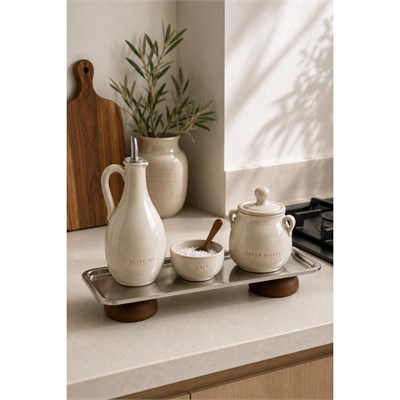 Beige & Stone Gümüş Paslanmaz Çelik Çift Ahşap Ayaklı Dikdörtgen Sunum Ve Servis Tabağı 33x13 Cm
