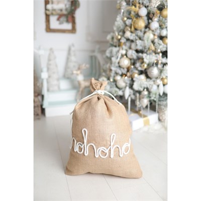 Beige & Stone Jüt Ho Ho Ho Süslemeli Yılbaşı Hediye Çuvalı