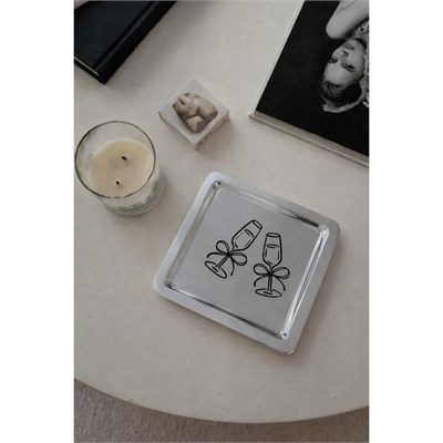 Beige & Stone Kadeh Desenli Kare Paslanmaz Çelik Çelik Çay Söz Nişan Sunum Ve Dekoratif Tepsi