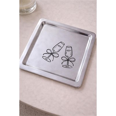 Beige & Stone Kadeh Desenli Kare Paslanmaz Çelik Çelik Çay Söz Nişan Sunum Ve Dekoratif Tepsi