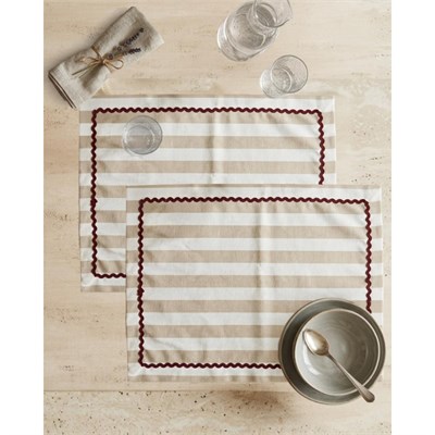 Beige & Stone Kahverengi Çizgili Bordo Biyeli Amerikan Servisi 2li Set 33x44 Cm Sofra Ve Masa Düzeni Dekoru