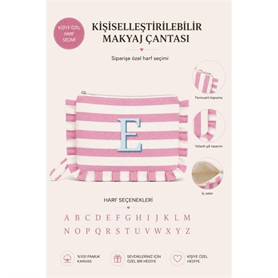Beige & Stone Kişiye Özel Harf Detaylı Pembe Çizgili 17x29 Cm Volanlı Clutch & Portföy Çanta Kadın El Çantası