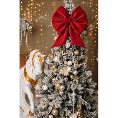 Beige & Stone Kurdele Orta Yıllbaşı Ağaç Süs Noel Kırmızı Fiyonk 70 cm