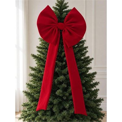 Beige & Stone Kurdele Yıllbaşı Ağaç Süs Noel Dev Kırmızı Fiyonk 60x120 Cm