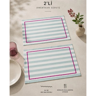 Beige & Stone Mint Çizgili Fuşya Biyeli Amerikan Servisi 2li Set 33x44 Cm Sofra Ve Masa Düzeni Dekoru