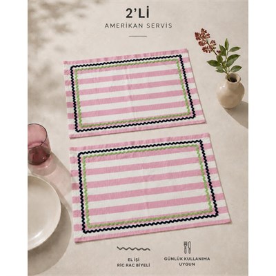 Beige & Stone Pembe Çizgili Açık Yeşil - Lacivert Biyeli Amerikan Servisi 2li Set 33x44 Cm Sofra Ve Masa Düzeni Dekoru