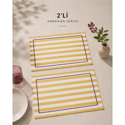 Beige & Stone Sarı Çizgili Mor Biyeli Amerikan Servisi 2li Set 33x44 Cm Sofra Ve Masa Düzeni Dekoru
