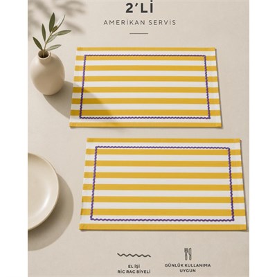 Beige & Stone Sarı Çizgili Mor Biyeli Amerikan Servisi 2li Set 33x44 Cm Sofra Ve Masa Düzeni Dekoru