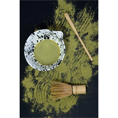 Beige & Stone Seramik Mat Siyah Benekli Matcha Kase Ve Whisk Tutacağı Set