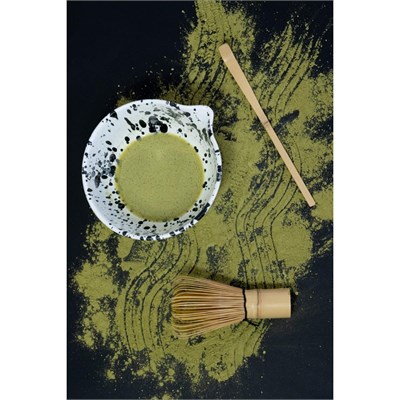 Beige & Stone Seramik Mat Siyah Benekli Matcha Kase Ve Whisk Tutacağı Set