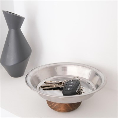 Beige & Stone Şık 21 Cm Yuvarlak Ahşap Ayaklı Çelik Sunum Tabağı