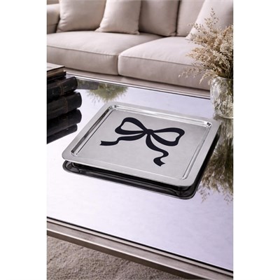 Beige & Stone Siyah Fiyonk Desenli Kare Paslanmaz Çelik Kahve Çay Söz Nişan Sunum Ve Dekoratif Tepsi