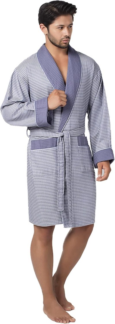 Bej Kısa Şalyaka Kareli Pike Bambo Cotton Erkek Sabahlık