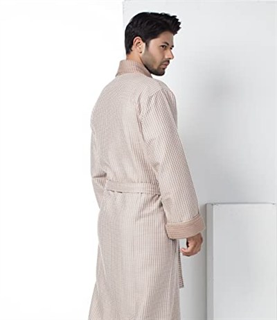 Bej Kısa Şalyaka Kareli Pike Bambo Cotton Erkek Sabahlık