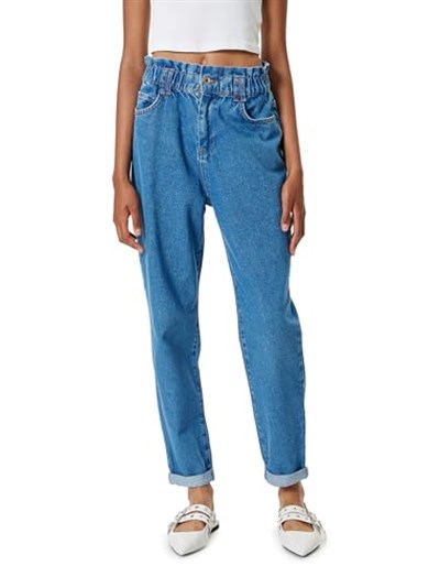 Beli Lastikli Yüksek Bel Düğmeli Mom Jean Pantolon