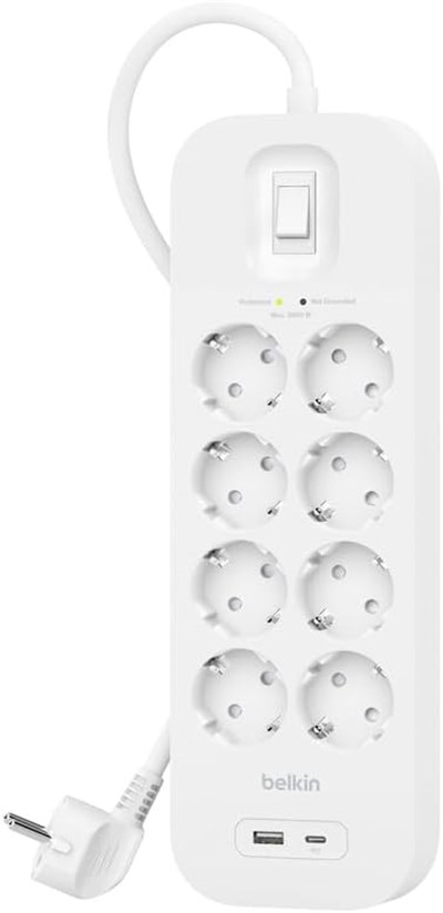 Belkin 4lü çoklu priz, yüksek gerilim korumalı, duvara montaj, 4 priz, 2 m güç kablosu, yeşil ışıklı gösterge, hızlı şarj için USB C - Seçenekler: 4 plugg, 8 plugg, 6 plugg, USB-A + USB-C, Çift USB-C