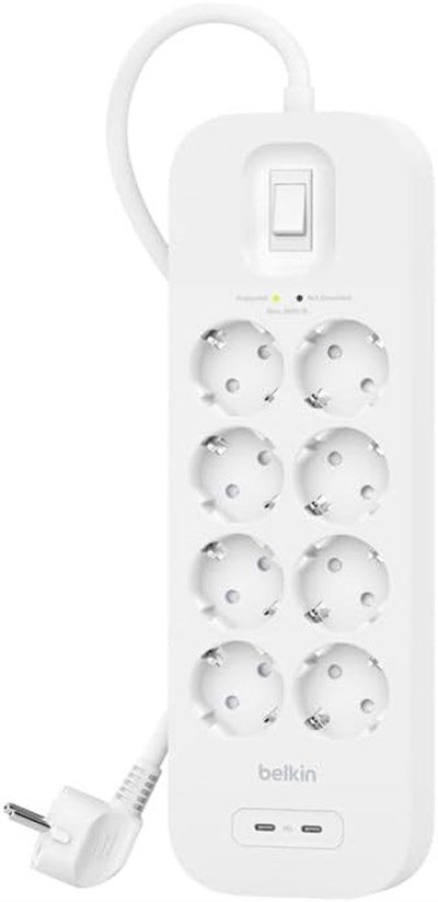 Belkin 4lü çoklu priz, yüksek gerilim korumalı, duvara montaj, 4 priz, 2 m güç kablosu, yeşil ışıklı gösterge, hızlı şarj için USB C - Seçenekler: 4 plugg, 8 plugg, 6 plugg, USB-A + USB-C, Çift USB-C