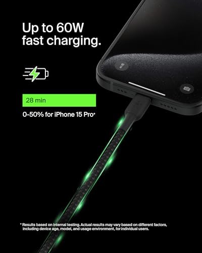 Belkin Boost Charge Örgülü USB-C, Hızlı Şarj Cihazı, USB-C Şarj Kablosu, iPhone 16, 15, Samsung Galaxy S24, S23, Pixel, iPad, MacBook,  - Seçenekler: 1,0 m, 2,0 m, Standart, USB-A - Lightning (PVC)...