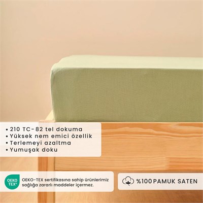 Bella Maison %100 Pamuk Saten Tek Kişilik Lastikli Çarşaf Sisli Yeşil (100x200x35 Cm) Sisli Yeşil