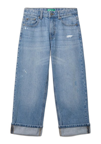 Benetton Erkek Çocuk Açık Denim Yırtıklı Eskitilmiş Efektli Straight Fit Denim Pantolon