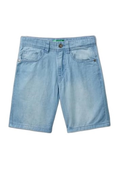 Benetton Erkek Çocuk Açık Mavi Logo İşlemeli 5 Cepli Kemer Delikli Denim Bermuda Şort