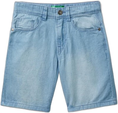 Benetton Erkek Çocuk Açık Mavi Logo İşlemeli 5 Cepli Kemer Delikli Denim Bermuda Şort