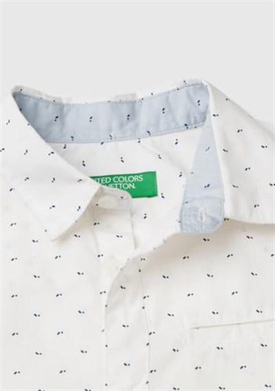 Benetton Erkek Çocuk Beyaz Göğsü Cep Detaylı Mikro Desenli Uzun Kollu Poplin Gömlek