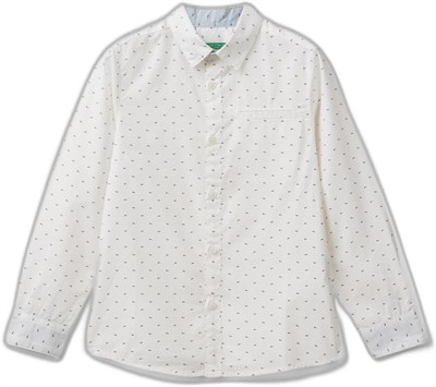 Benetton Erkek Çocuk Beyaz Göğsü Cep Detaylı Mikro Desenli Uzun Kollu Poplin Gömlek