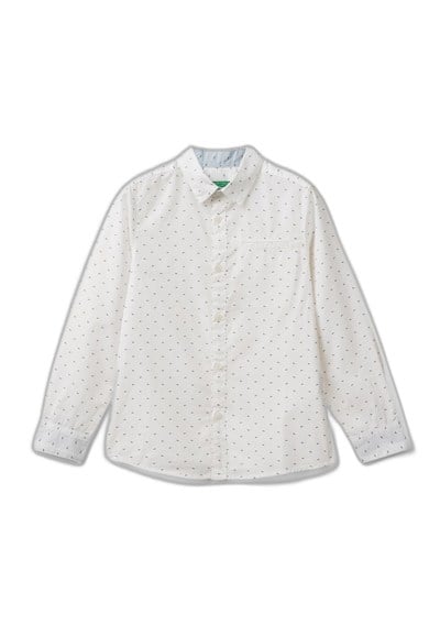 Benetton Erkek Çocuk Beyaz Göğsü Cep Detaylı Mikro Desenli Uzun Kollu Poplin Gömlek