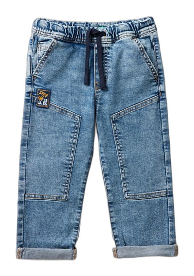 Benetton Erkek Çocuk Denim Beli Lastikli Büzgü İpli Kıvrık Paça Denim Pantolon