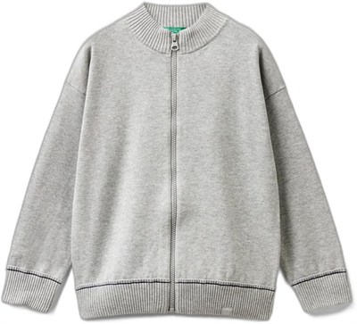 Benetton Erkek Çocuk Gri Melanj Etek Ucu Logo Detaylı Fermuarlı Dik Yaka Hırka