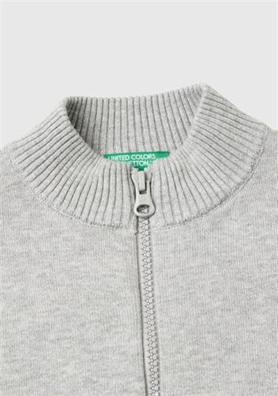 Benetton Erkek Çocuk Gri Melanj Etek Ucu Logo Detaylı Fermuarlı Dik Yaka Hırka