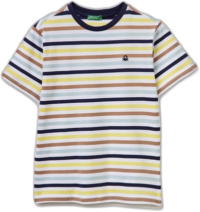 Benetton Erkek Çocuk Kırmızı Mix Çok Renkli Logo İşlemeli Çizgili T-Shirt