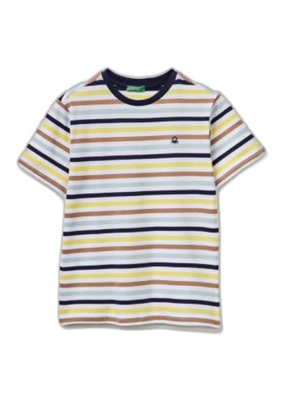 Benetton Erkek Çocuk Kırmızı Mix Çok Renkli Logo İşlemeli Çizgili T-Shirt