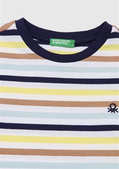 Benetton Erkek Çocuk Kırmızı Mix Çok Renkli Logo İşlemeli Çizgili T-Shirt